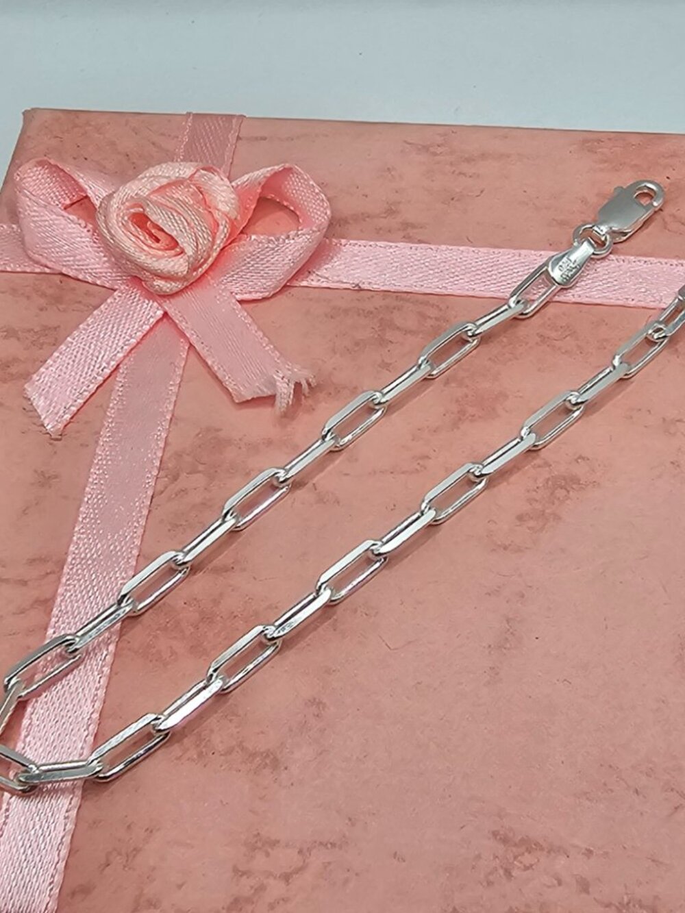 Sterling Silver 925 High Polished Flat Edge Paperclip Bracelet 7 inches